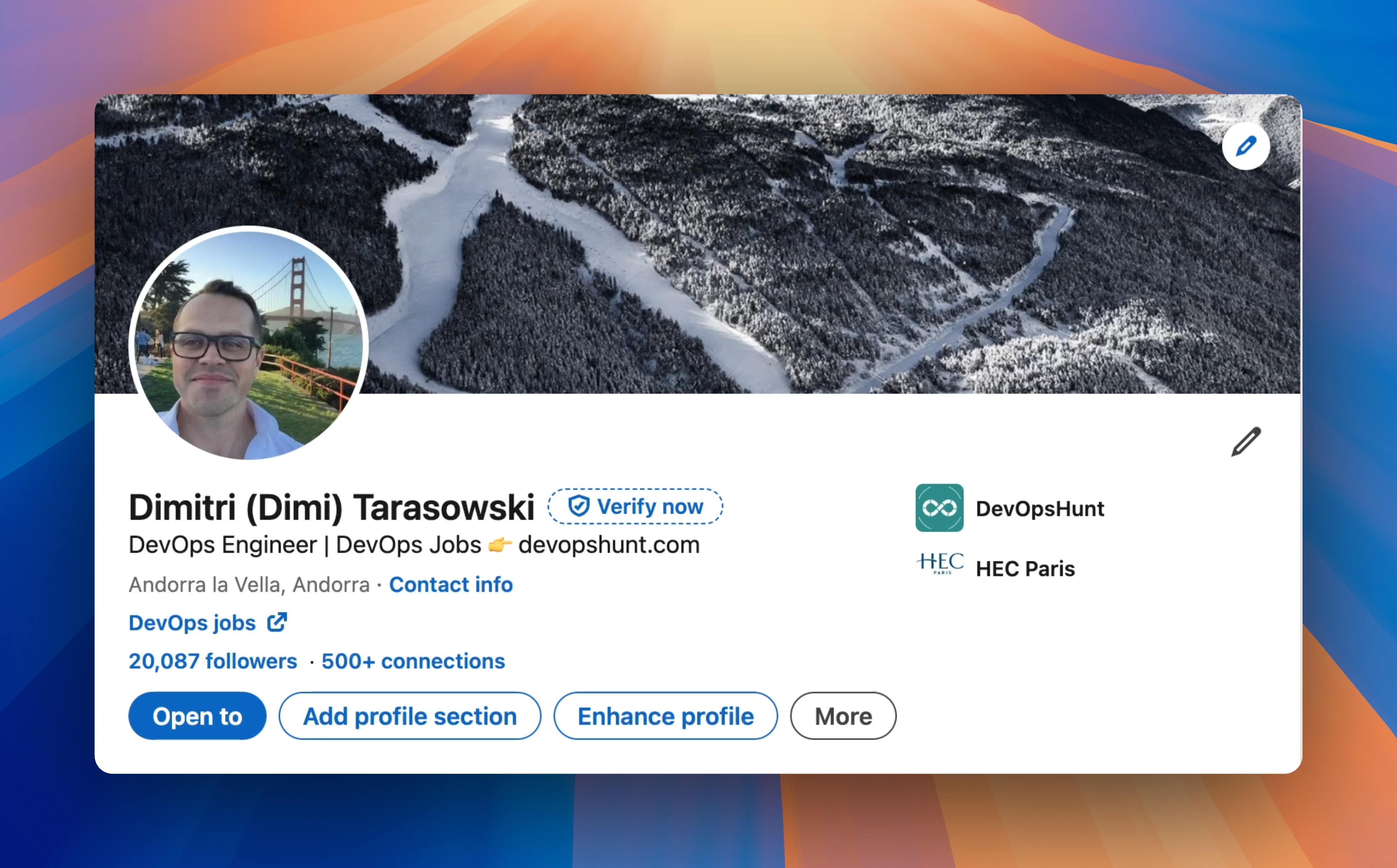 LinkedIn profile showing 20,000 followers